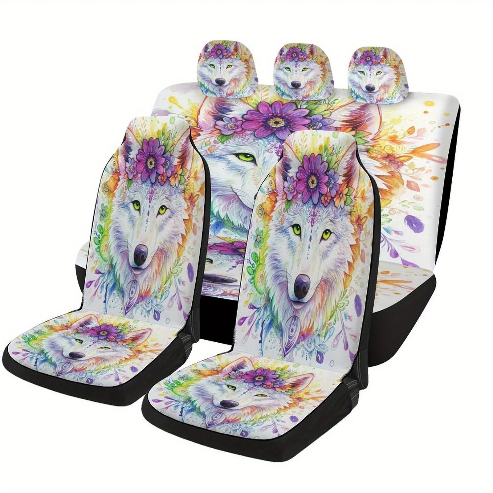 Car Seat Cover Set Featuring A Wolf And Flowers, Suitable For Various Vehicles. Stylish And Custom-Made, These High-Quality Cove