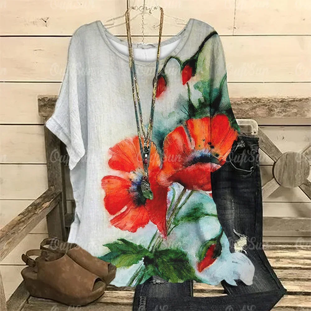 Poppy Flower Print Women Tshirt 2023 Summer Fashion Female Clothing Oversized O-Neck Ladies Top Casual Short Sleeve Pullover Tee