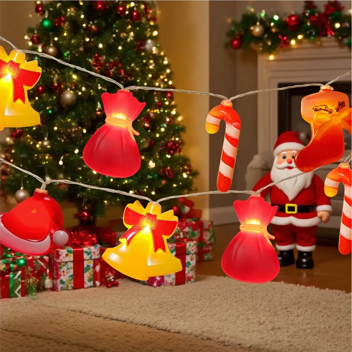 Рождественские сказочные гирлянды Рождественские гирлянды с конфетной тростью Шляпа Носки Кошелек Колокольчик Рождественские украшения на батарейках