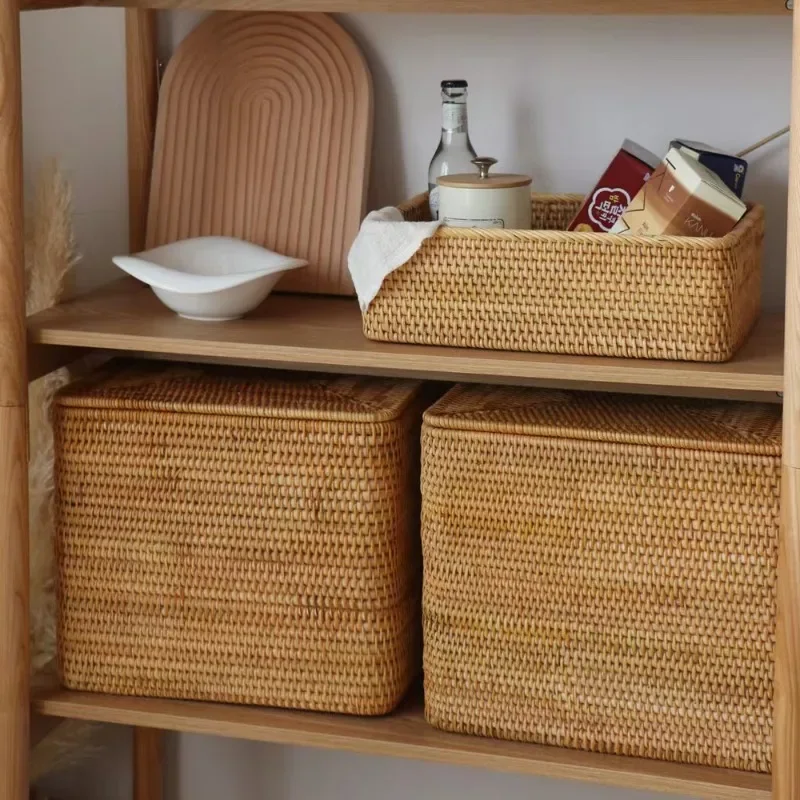 Hand-Woven Rattan Laundry Basket with Cover Large Clothing Sundry Books Primary Color Storage Basket Home Supplies