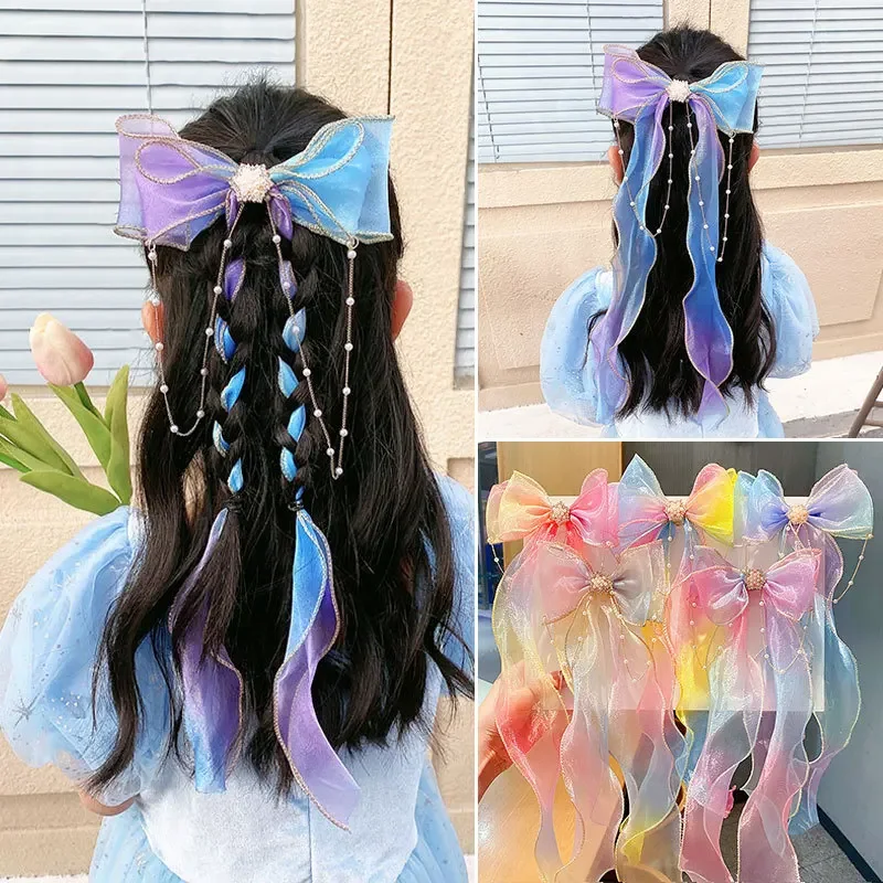 Kids Accessories Hair Pin Rainbow Bow Braided Hairpin Headpiece Princess Ponytail Streamer Hair Clip Girls Hair Accessories