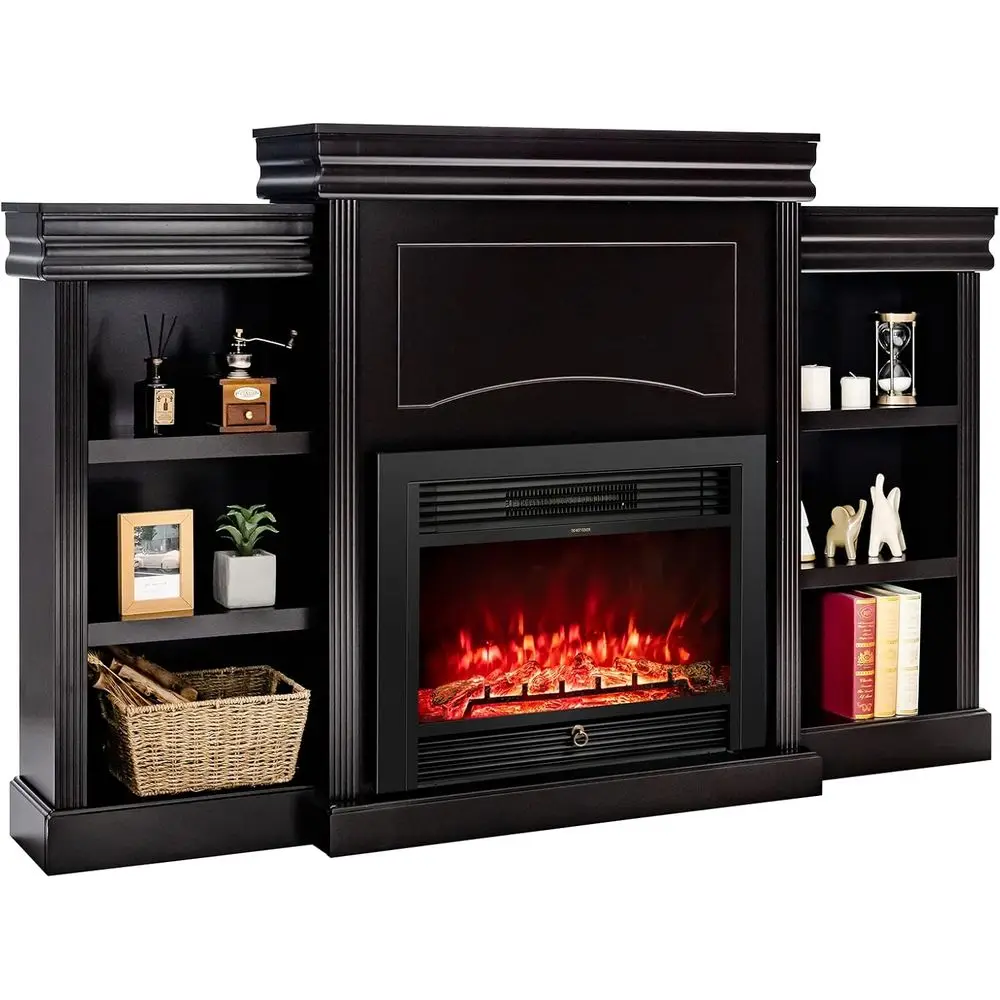 

70 Electric Fireplace with 750W/1500W, Mantel, Bookshelves, Remote Control, 28.5 Screen, 1-8H Timer, Adjustable Flame & Color