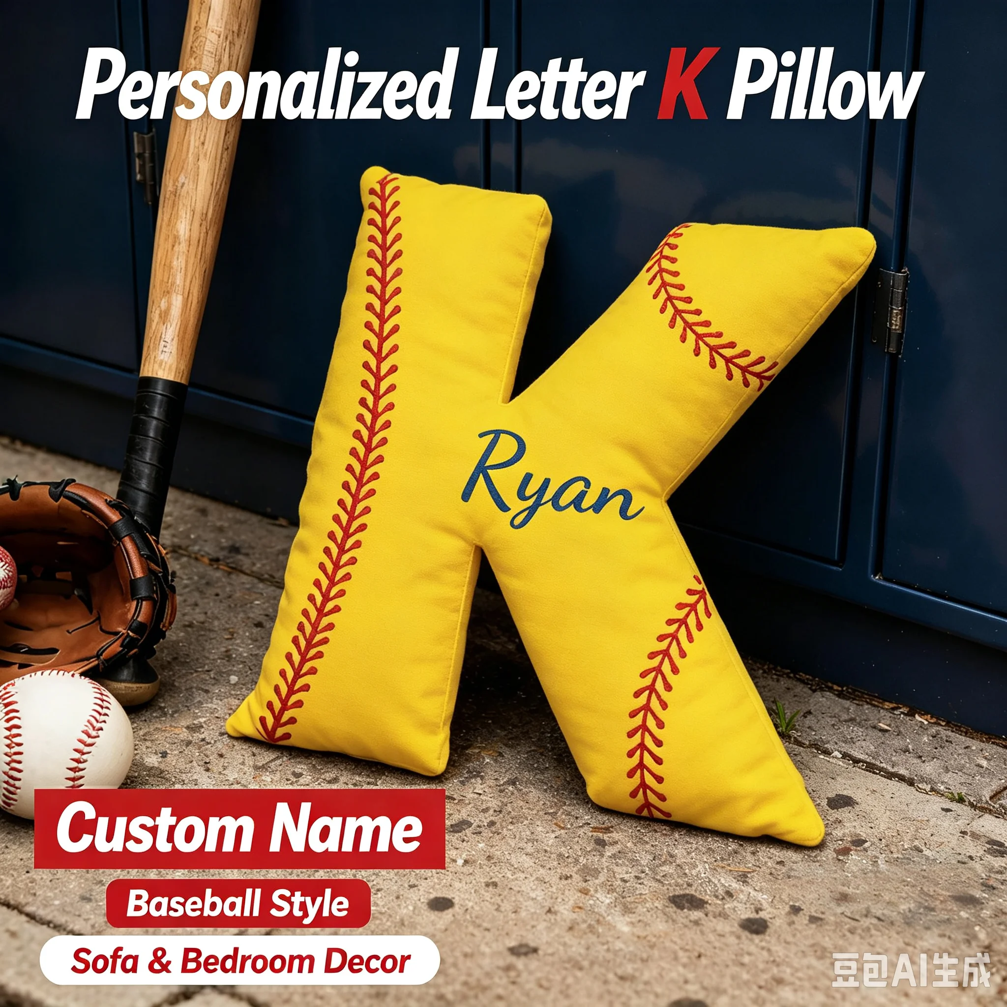 Personalized Baseball Letter K Pillow Custom Name Yellow Alphabet Cushion Soft Throw Pillow Sofa Bedroom Decor Gift Housewarming