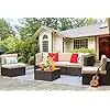 

Rattan Outdoor Sectional Sofa Conversation Couch with Glass Table, Cushions and Red Pillows, Garden Furniture Sets