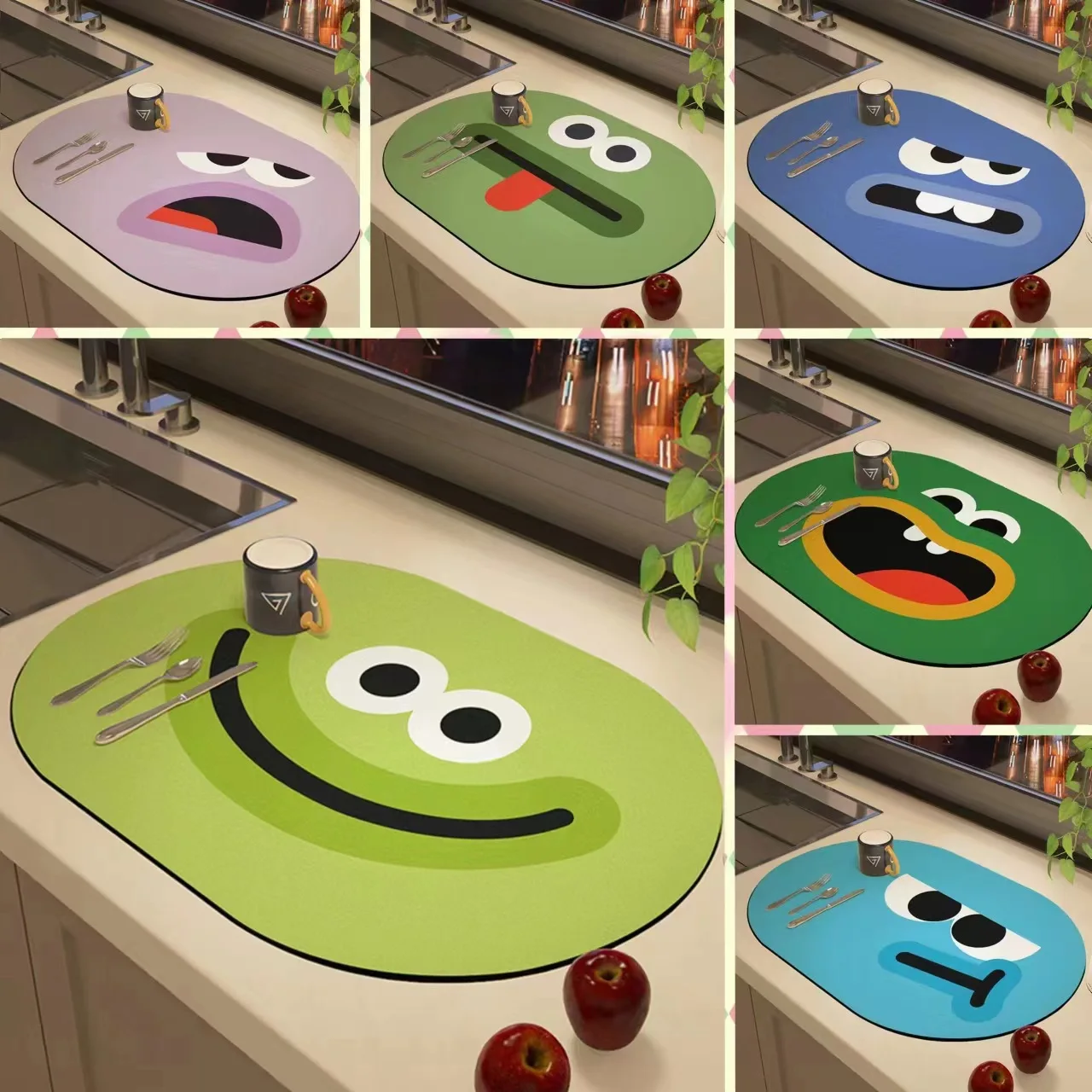 VIKAMA 1PC Cartoon Funny Diatom Mud Soft Mat Absorbent Non-Slip Kitchen Drain Mat Countertop Coffee Machine Table Mat Home Decor