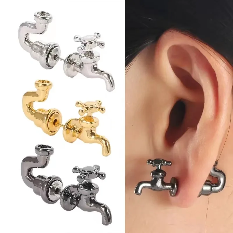 Water Tap Stud Earrings Punk Style Faucet Stud Weird Women Men Piercing Ear Jewelry Novelty Funny Earrings Gift