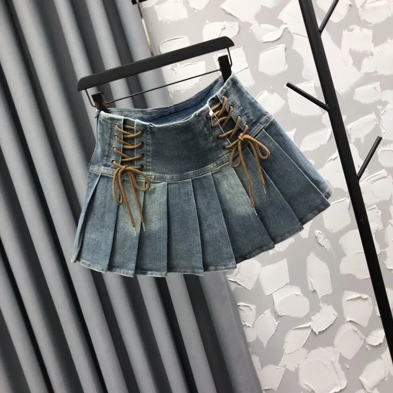 vintage baby girls pleated skirt jeans high waist denim short skirt autumn pleated bandage kids clothes cowboy 3 to 16 years