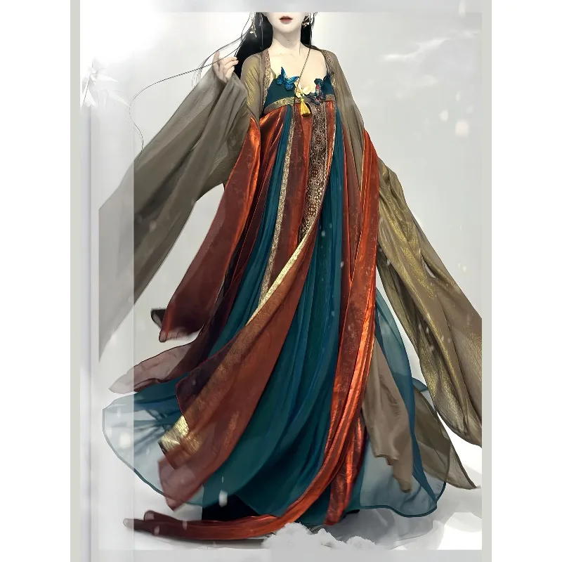 Tang Dynasty chest-length skirt, large-sleeved shirt, suspender, summer model, heavy industry embroidery, exotic style