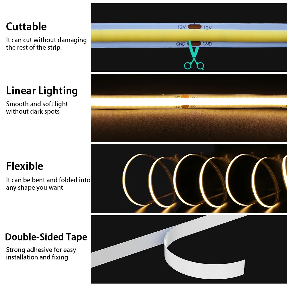 New 12V COB LED Strip Light High Density Linear Lights Bright 320/384/480/528 LEDs 8mm 3mm 5mm DC Flexible Tape Home Decoration