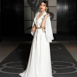 Customized Evening Dresses White Muslim Abendkleider  Moroccan Caftan A-Line Chiffon Long Sleeve Formal Party Gowns Dubai Robes