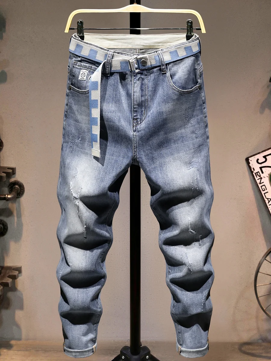 

Модные мужские летние тонкие джинсы-шорты из денима с эффектом потертости, повседневные, легкие, дышащие, молодежные, в стиле кэжуал, длиной до колена