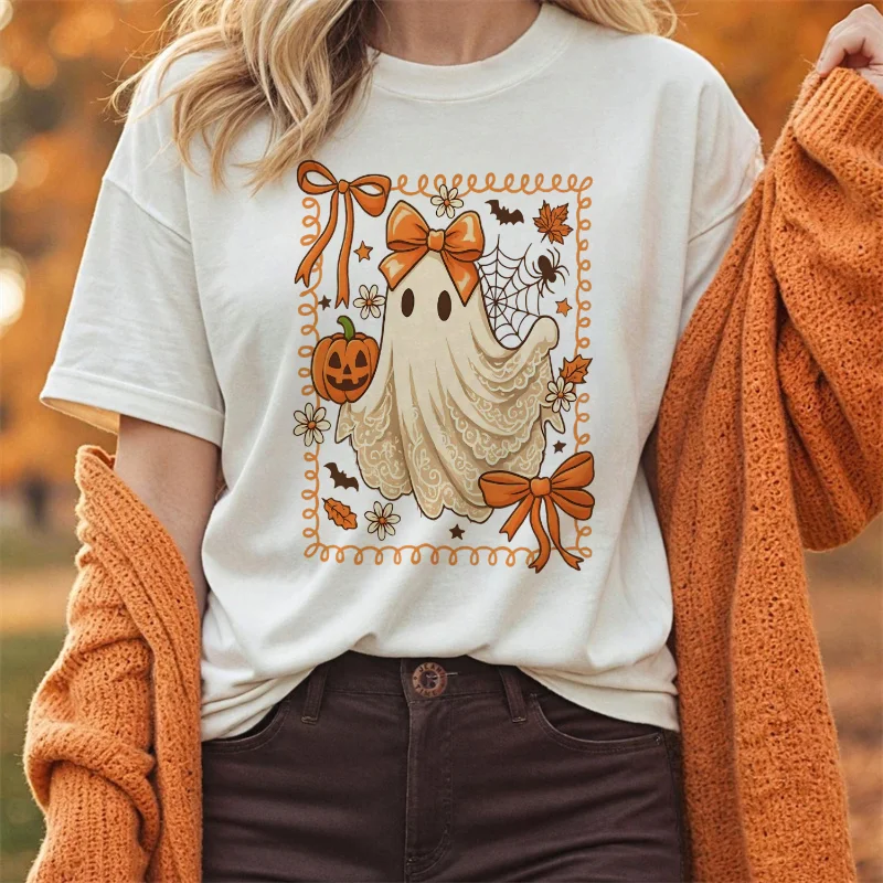 

Ghost Bow Pattern Cute Halloween Versatile O-Neck Printed Women's 90s Thanksgiving Style Printed Women's Top White T-Shirt