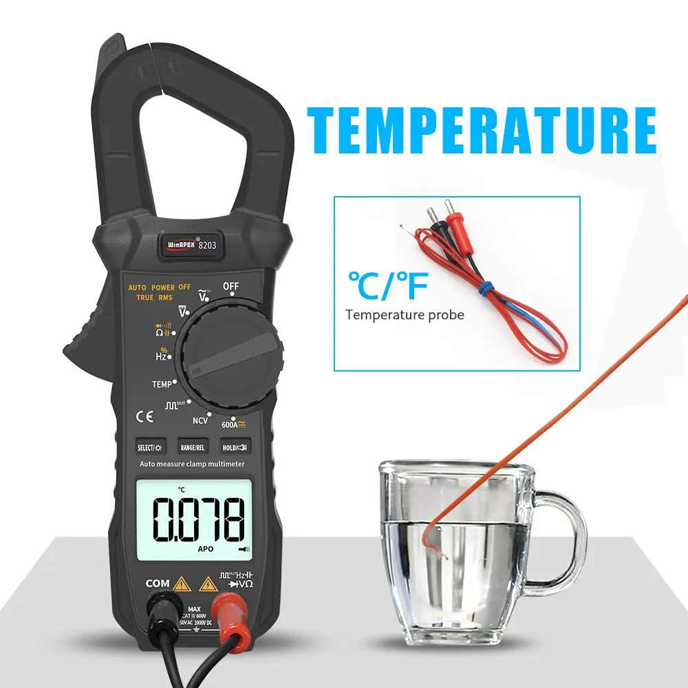 WINAPEX ET8203 600A AC DC Pocket Clamp Meter 6000 Counts Digital Multimeter Current Voltage Resistance Diode Temp Buzzer Test