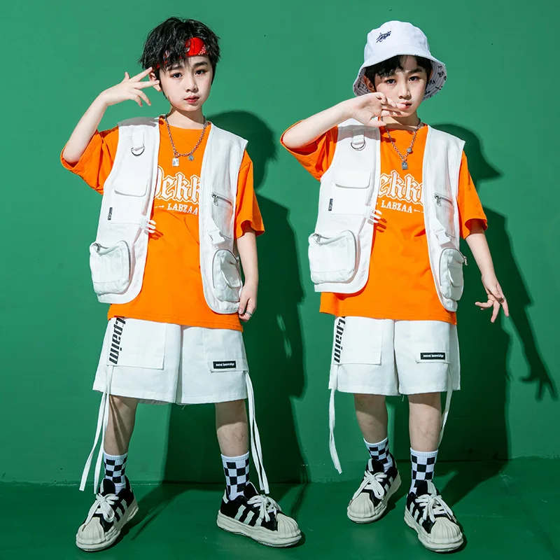 

Kid Cool Hip Hop Clothing Sets White Black Sleeveless Jacket Vest Casual Shorts for Girls Boys Jazz Dance Costume Street Wear