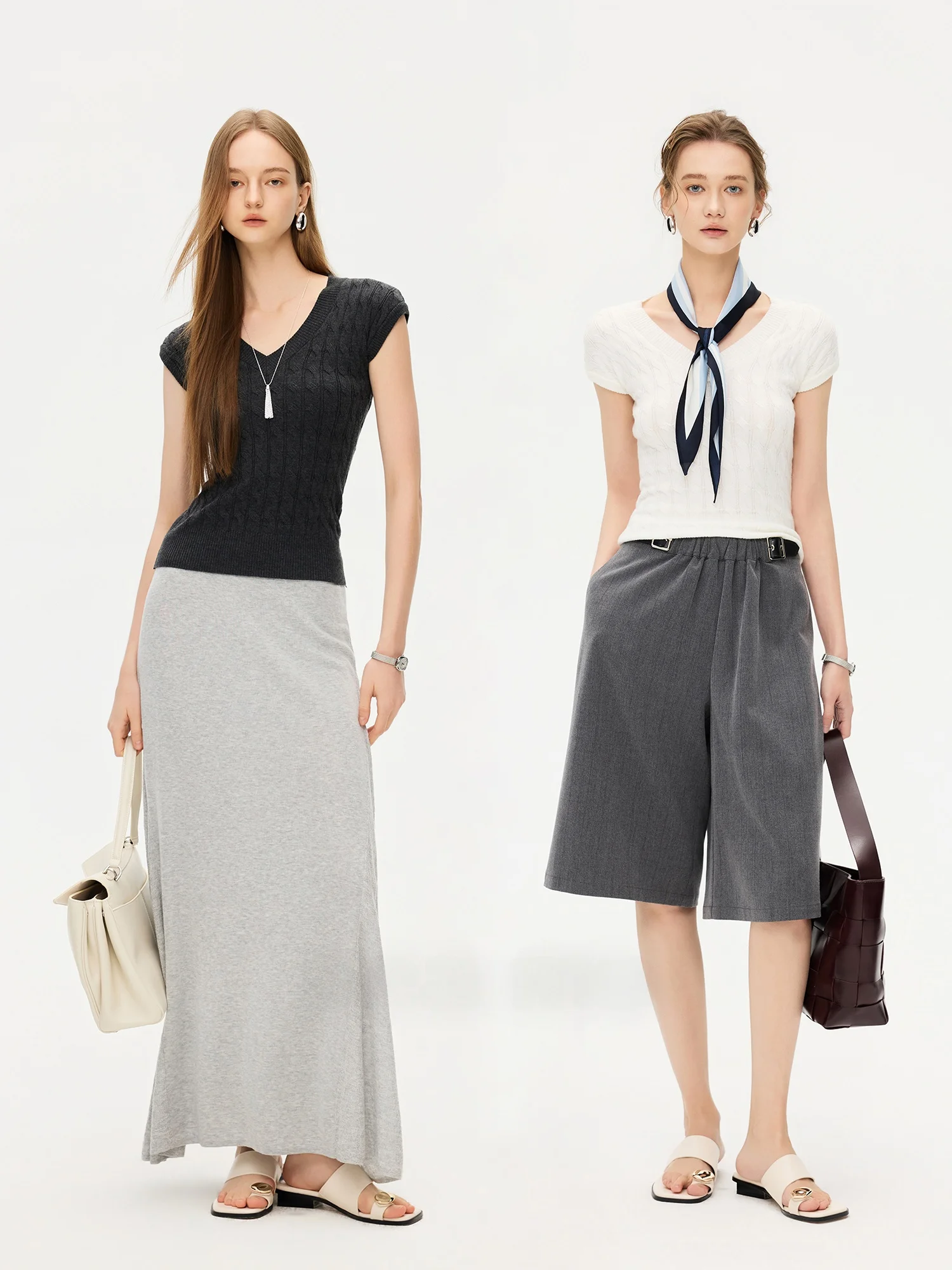 

Seame Beautiful Knitted Wool Blend Vest Summer Top Waist Cinched Twist Knit Minimalist Style Casual Wear V-Neck Sleeveless