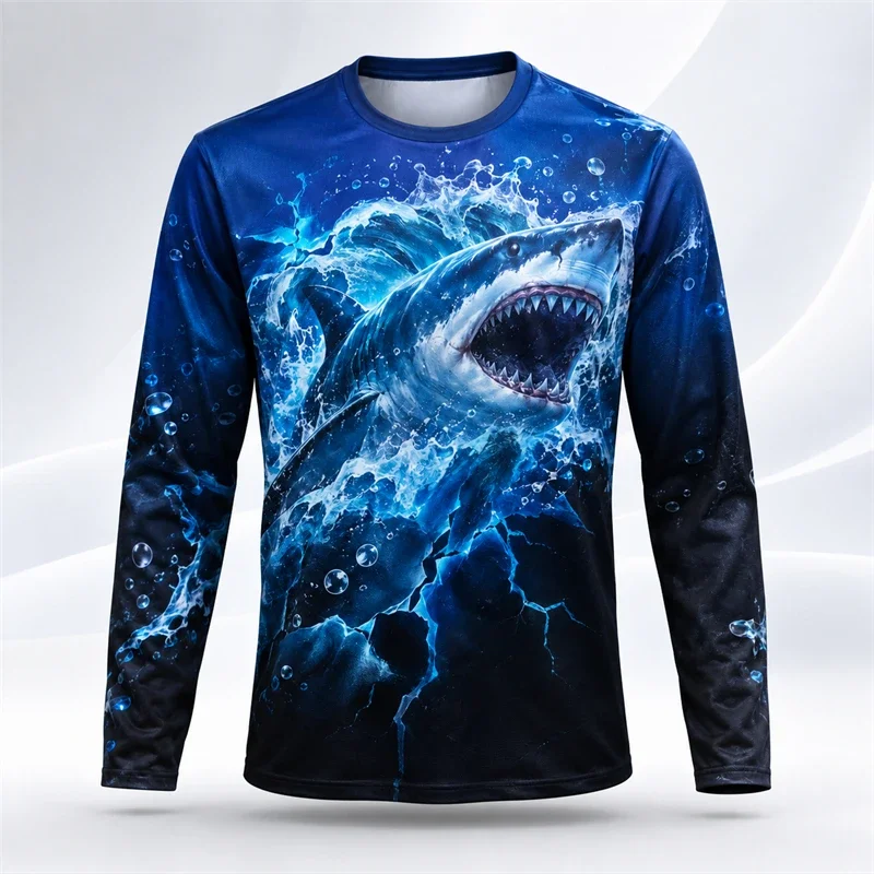 Men 3D All Over Print Long Sleeve T-shirt Polyester Ocean Creature Octopus Shark Manta Ray Jellyfish Graphic Fishing Tee
