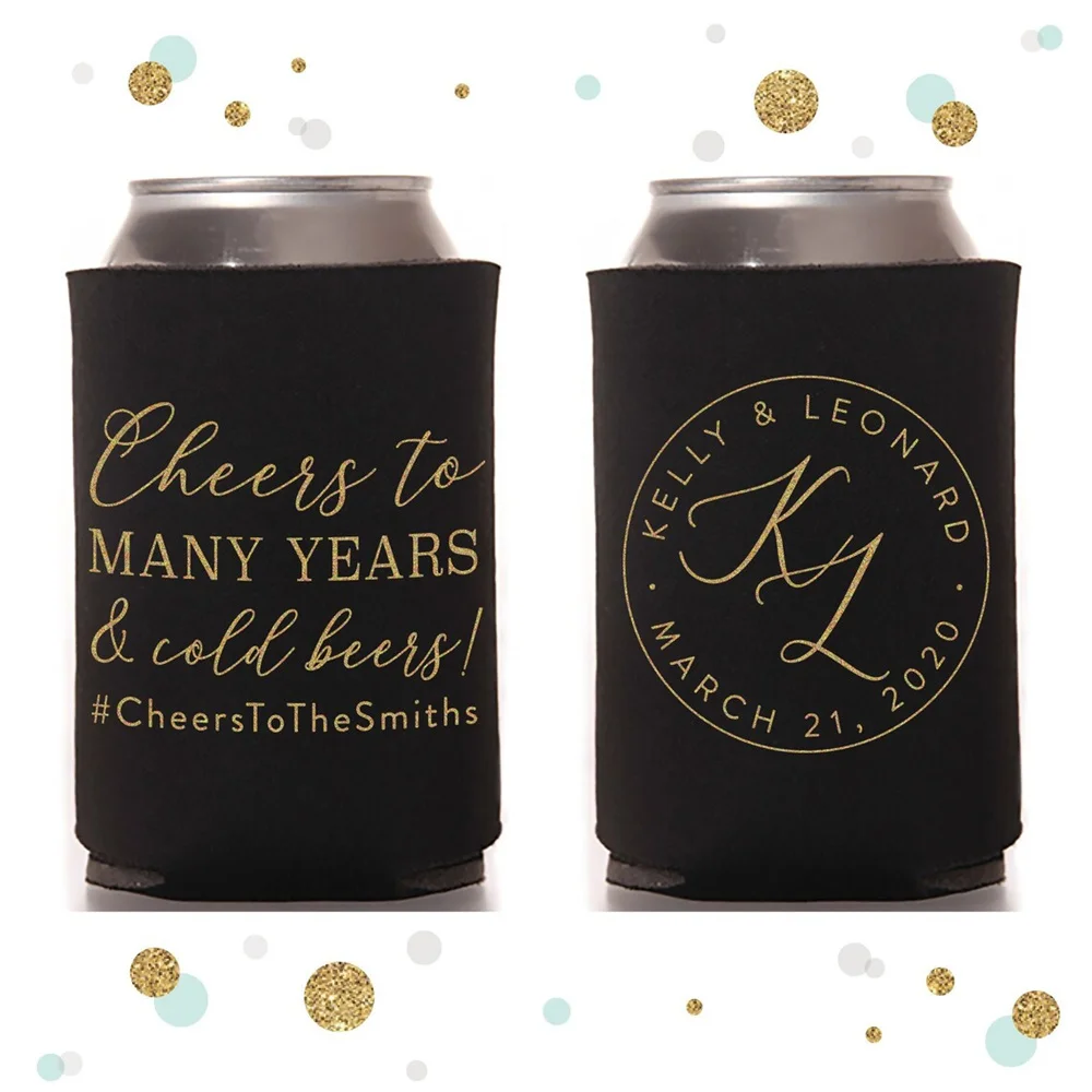 

Wedding Can Cooler #138R - Cheers to Many Years - Custom - Wedding Favors, Beverage Insulators, Beer Huggers, Wedding Favor, Bee