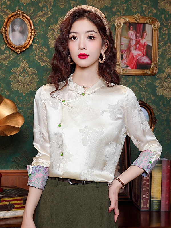 

Женская шелковая блузка в китайском стиле с длинным рукавом на пуговицах для весны и осени, топ в национальном стиле, юбка-полусолнце, верхняя одежда