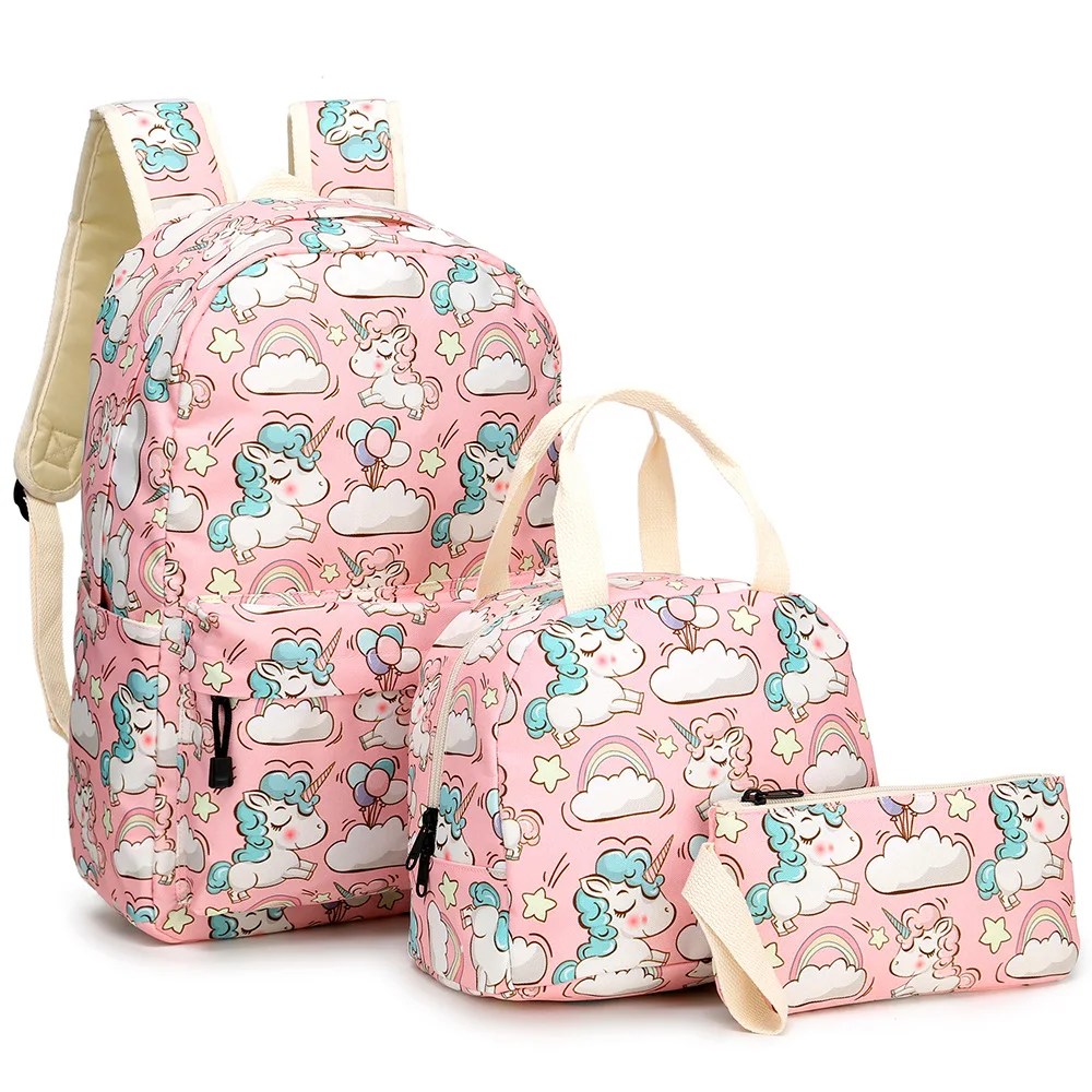 Sac à dos licorne pour l'école primaire, 3 pièces, sac d'école pour adolescents, sac à déjeuner pour enfants, trousse à crayons