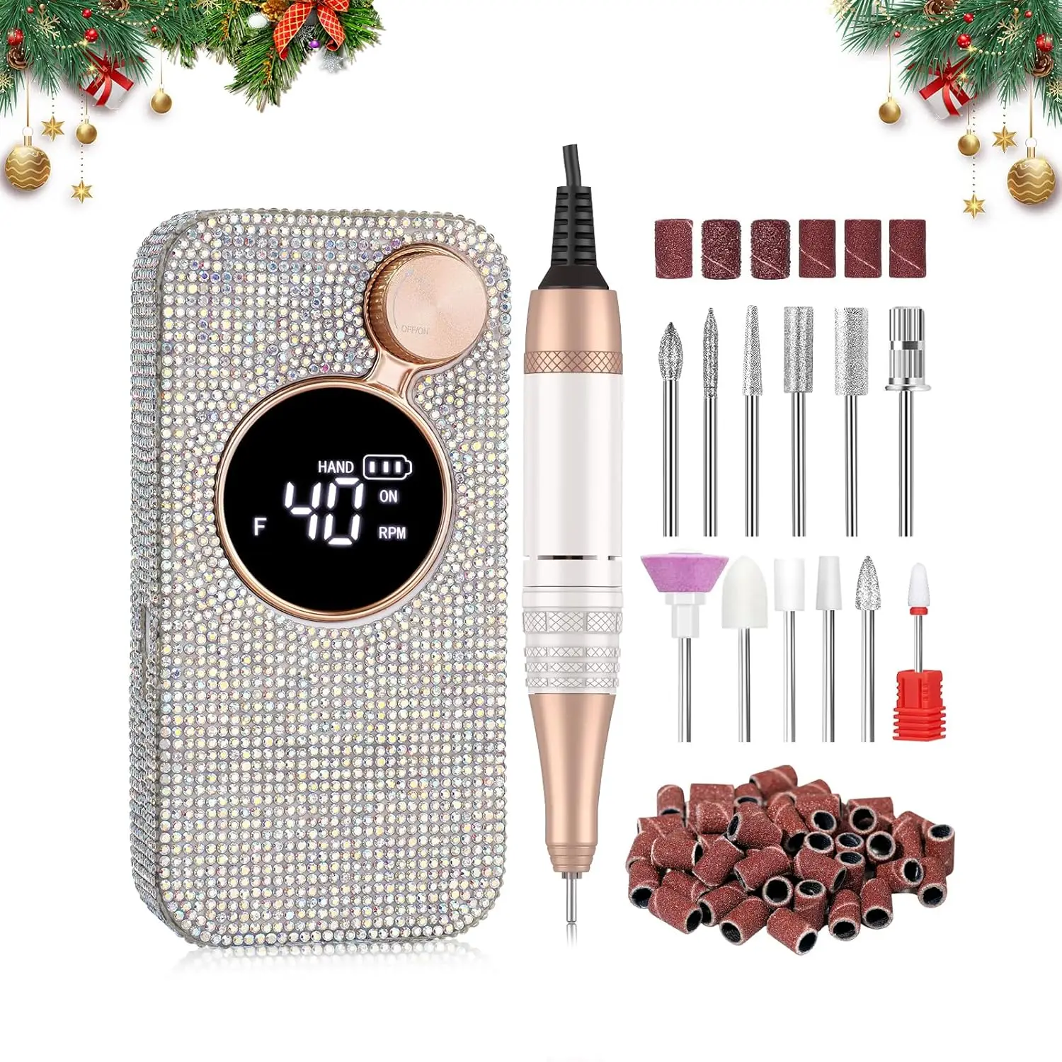 مثقاب أظافر كهربائي، 40000 دورة في الدقيقة، قابل لإعادة الشحن مع 12 قطعة لأظافر الأكريليك والجل، مجموعة ملفات إلكترونية (AB White Diamond) #1