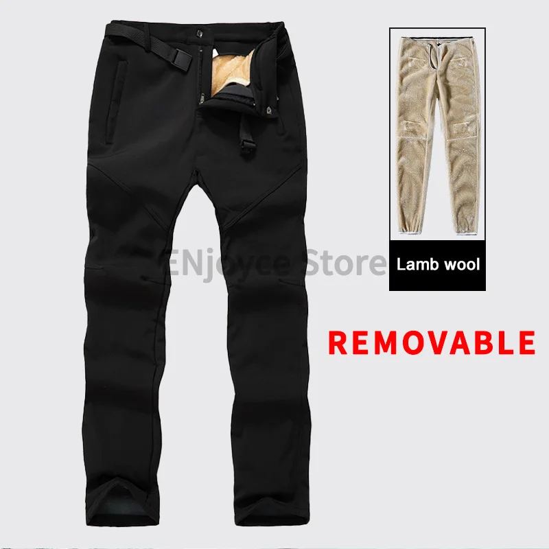 Winter Men Women Thermal Fleece Lined Pants Removable Inner Lambwool Warm Knee Waterproof Outdoor Hiking Snow Ski Trousers