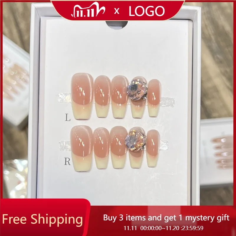 

10 шт., ногти ручной работы «кошачий глаз», французский телесный розовый цвет с большими бриллиантовыми акцентами, нажмите на кончики ногтей, идеальный подарок для женщин и друзей