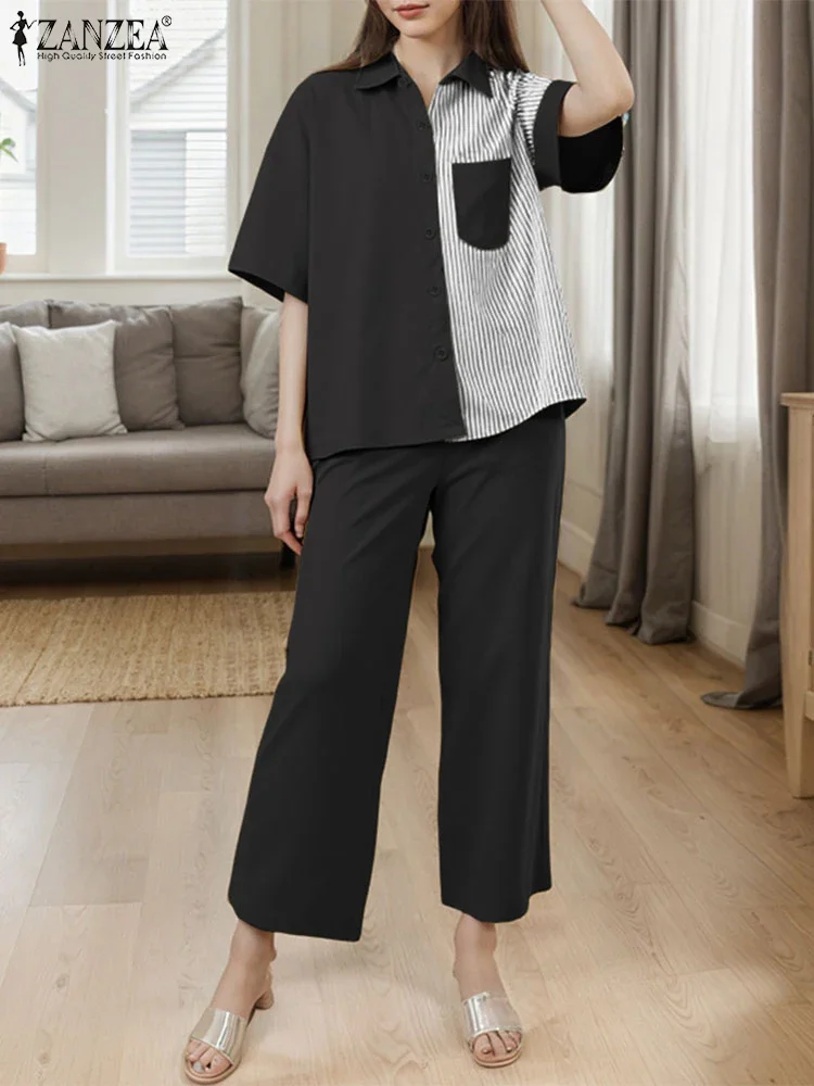 

ZANZEA Women Elegant Pant Sets Stylish Matching Sets Summer Short Sleeve Striped Patchwork Shirts and Long Pants Casual 2pcs