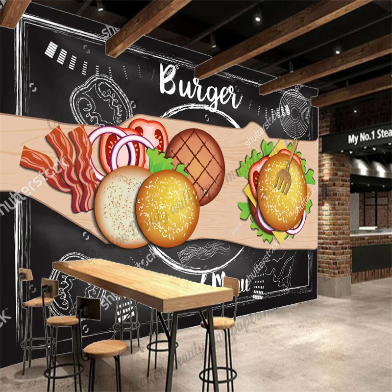 Custom Blackboard Hamburger Fast Food Wallpaper Industrial Decor Mural Restaurant Snack Bar Background Wall Paper Papel Tapiz