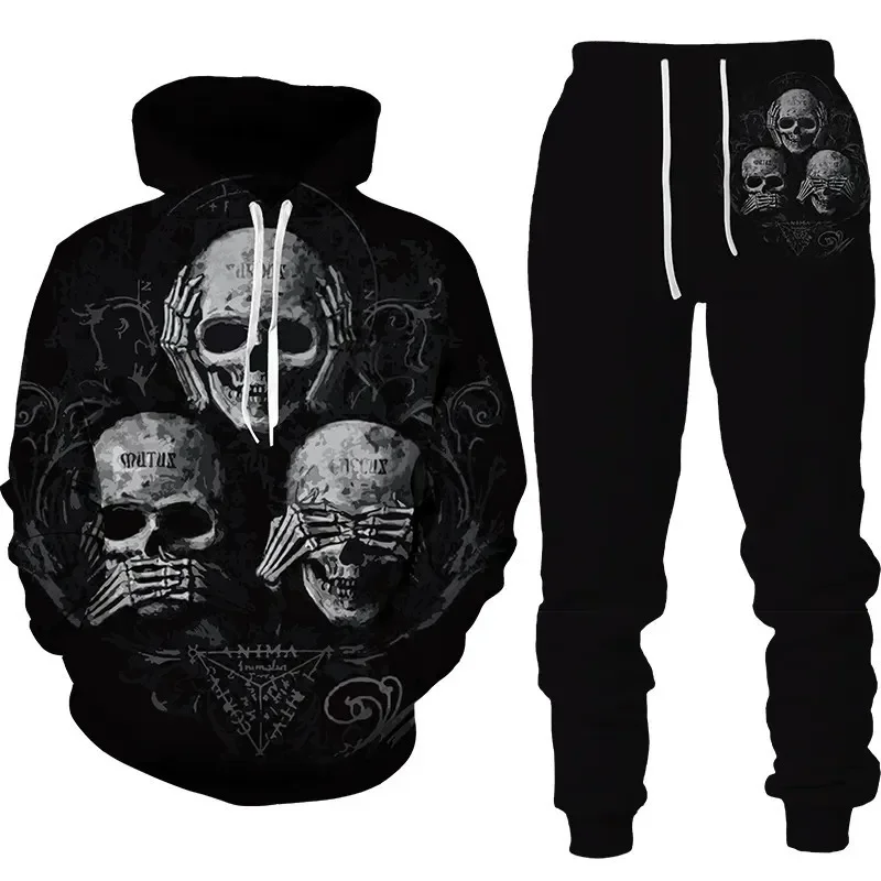 New Men\'s Sweatshirt Hooded Set Hooded Skull Graphic 2 pieces Leisure Casual tracksuit Hoodie 3D Print Skull Men Clothing 2024