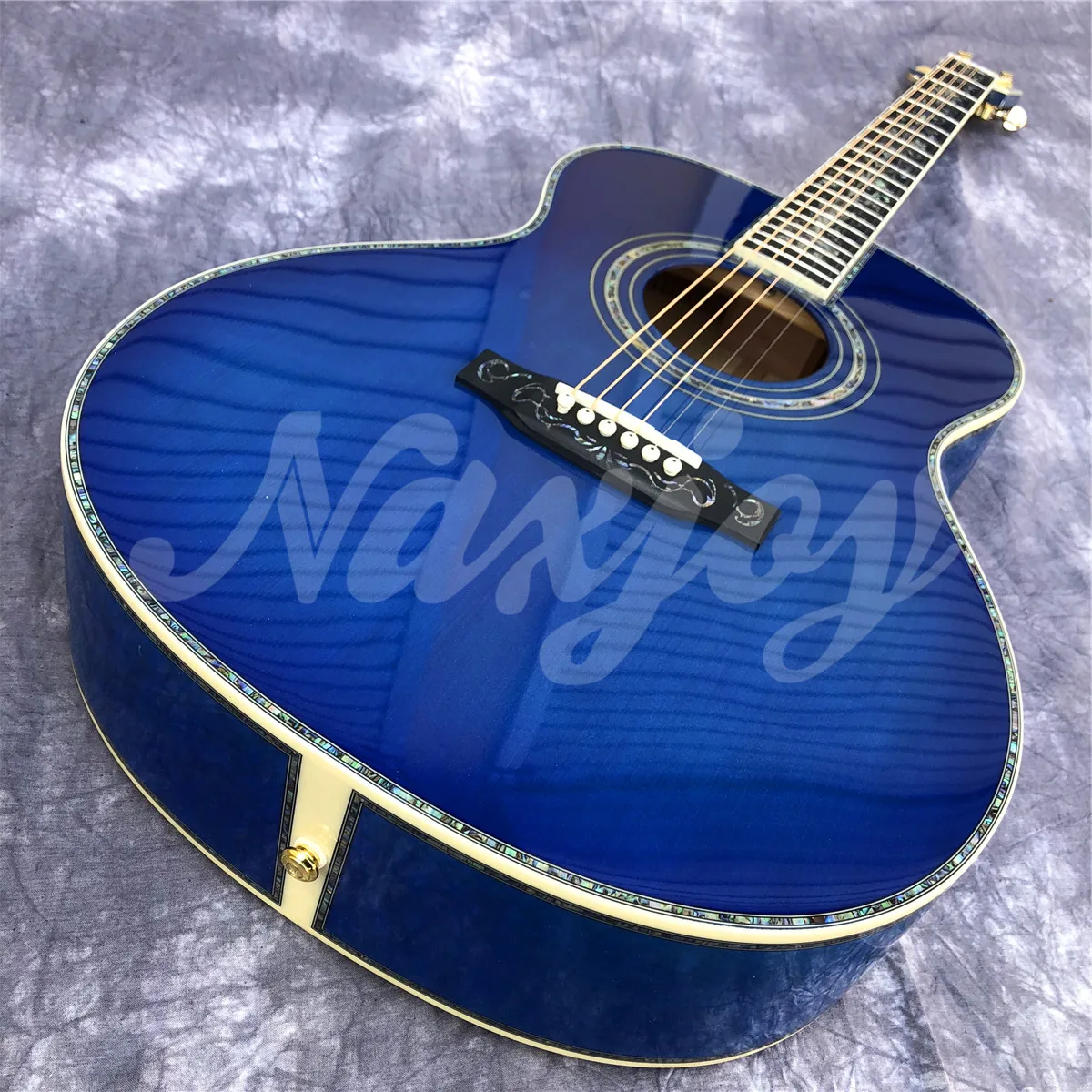 Burst Blue Maple 40 inches OM Type Acoustic Guitar Solid Spruce Top Ebony fingerboard Real Abalone Inlays Guitar