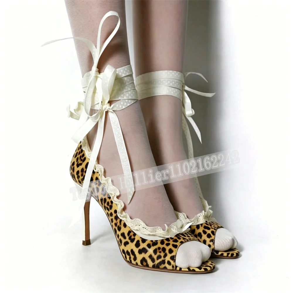 Women'S Leopard Print Peep Toe Stiletto Heel Sandals  Trim Ankle Strap Bow Tie High Heels Elegant Fashion Open Toe Heeled Pumps
