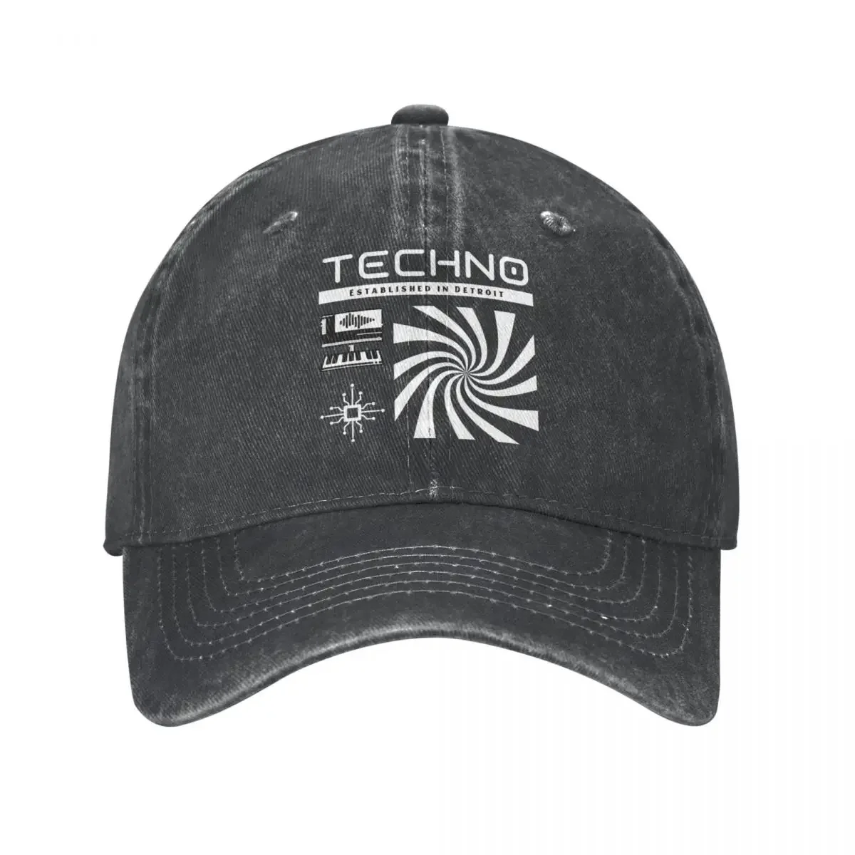 Baseball Cap Techno Established In Detroit Accessories Unisex Retro Distressed Denim Washed Electronic Dance Music Casquette Hat