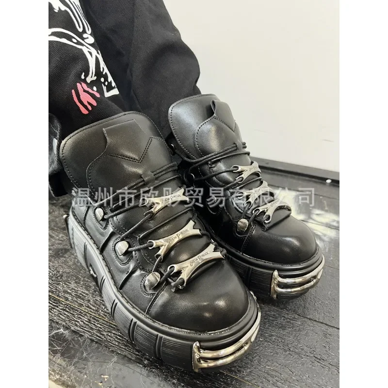 2023 NEW Punk Style Women Shoes Lace-up Heel Height 6CM Platform Shoes Woman Gothic Ankle Rock Boots Metal Decor Woman Sneakers