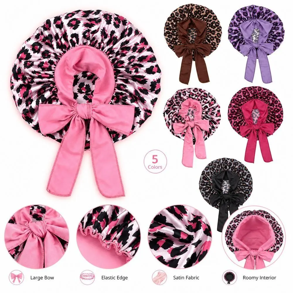 Silk Imitation Leopard Print Sleep Cap Breathable Comfortable Bowknot Decoration Satin Hair Bonnet Ribbon Sleep Bonnets Beauty
