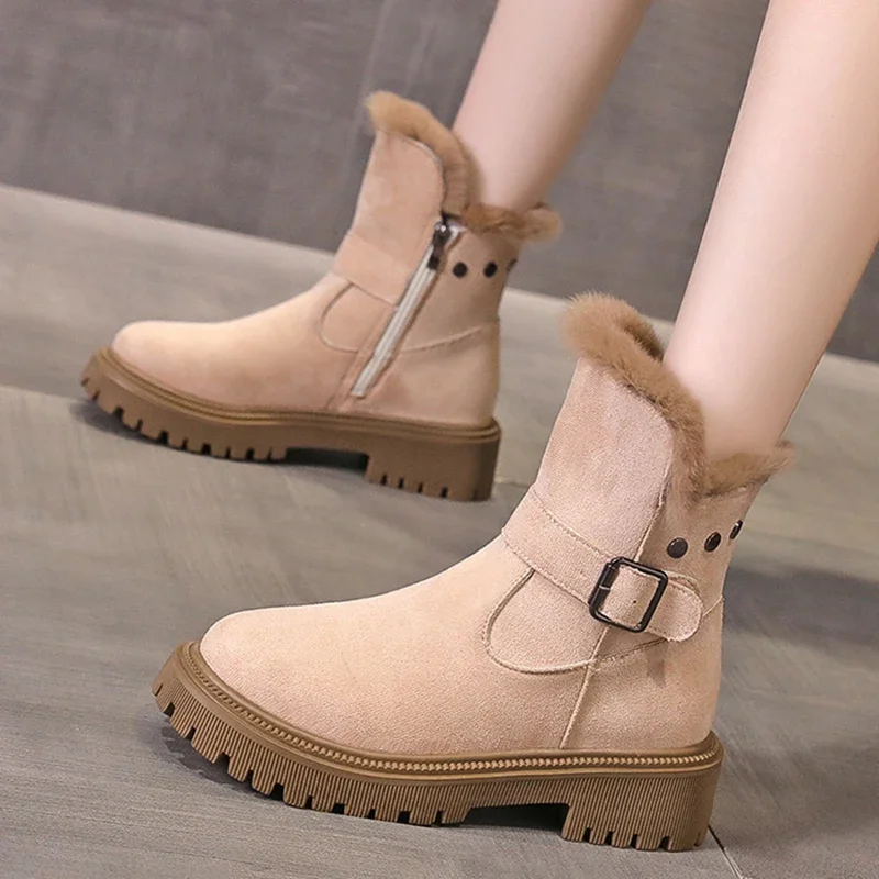 Winter Warm Thick Plush Snow Boots Women Rivet Decor Low Heels Ankle Boots Woman Buckle Strap Platform Fur Short Botas Mujer