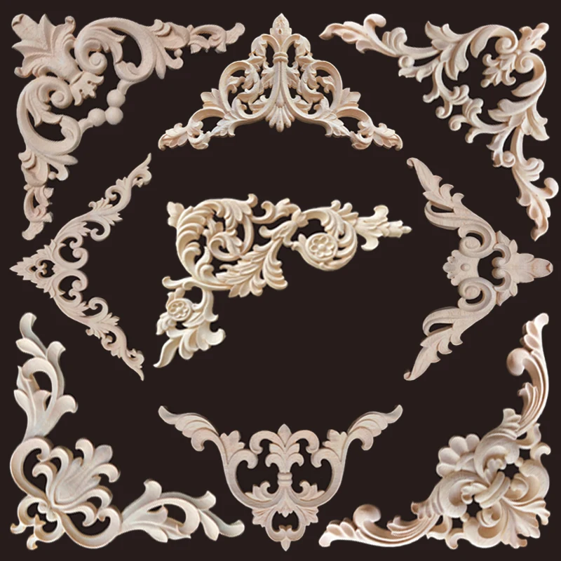 Wooden Carved Corner Flower Applique Unpainted Frame for Cabinet Decor Home Wood Corner Joint Wood Figurines Decor Living Room