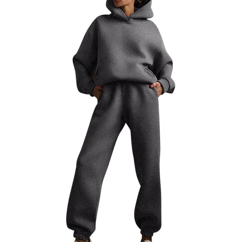 Women's Casual Long Sleeve Pants Two Pairs of Sports Fashion Solid Hoodie Leggings Set Sweater European and American Style 2025