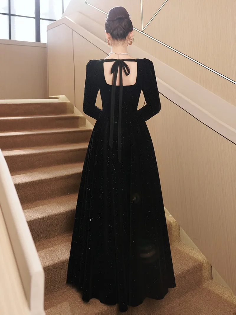 CustomizedFrench Black Long Sleeved Evening Dress Women Luxury Velvet Light Formal Gowns Sweet Square Collar Maxi Vestidos De No