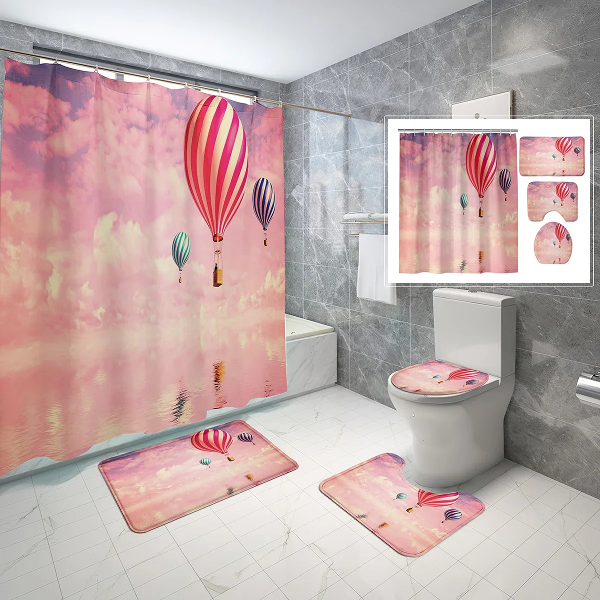 

4 Piece Hot Air Balloon Shower Curtain Sets Creative Color with Non-Slip Rugs Toilet Lid Cover and Waterproof Shower Curtain Set