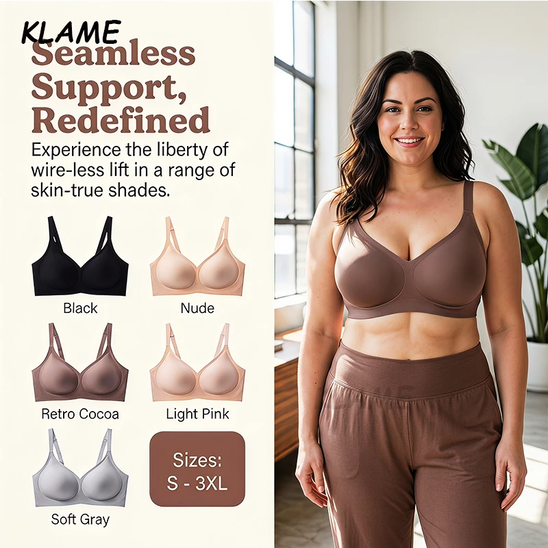 KLAME S-3XL Plus Size 3D Soft Cup Support Seamless Breathable Push-up Comfortable Adjustable Jelly Bra KLM1408
