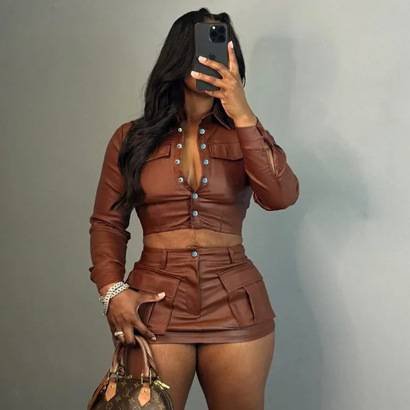 

Crop Jacket Sexy Leather 2 Piece Skirt Sets Winter Outfit Y2K Streetwear Mini Dress Elegant Club Party Wear Two Piece Skirt Set
