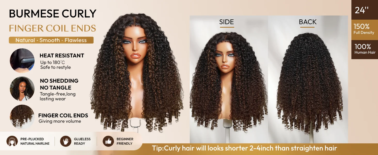 UNice Bye-Bye Slip™ 7x5 Lace Ombre Brown Burmese Curly Wig With Finger Coil Ends Pull & Go Drawstring Glueless Wig Ready To Wear