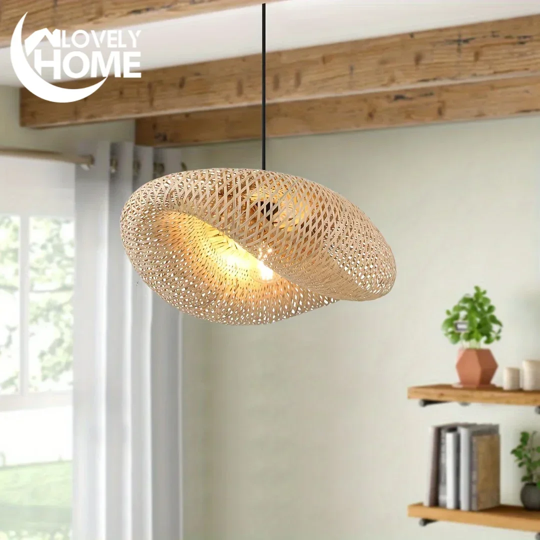 19.75 Inches (50cm) Bohemian Woven Bamboo Pendant Light Rustic Handcrafted Lighting Fixture for Dining Room Bedroom Restaurant