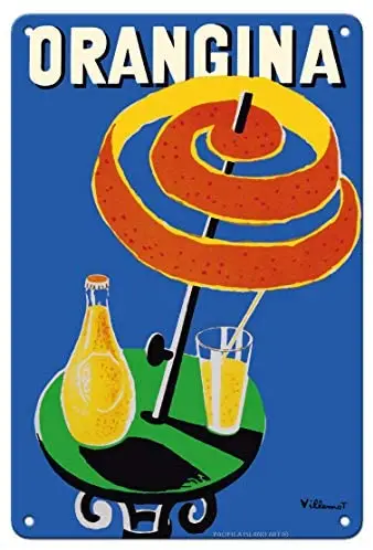 Orangina Sparkling Soda - Umbrella Ad - Advertising Poster by Bernard Villemot c.1984 Metal Tin Sign