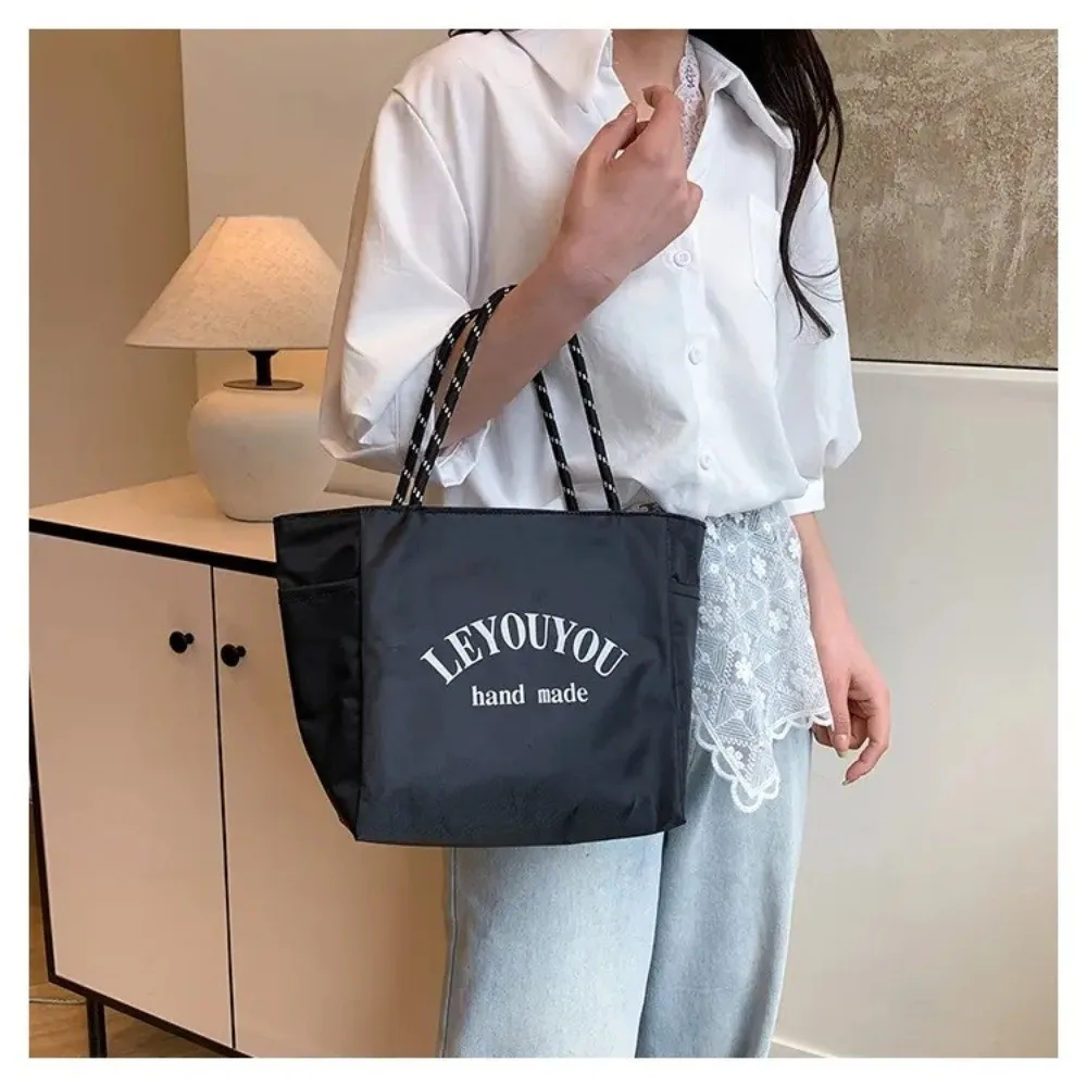Casual Simple Letter Tote Bag Solid Color Large Capacity Lunch Bag Portable Waterproof Work Commuting Handheld Bag