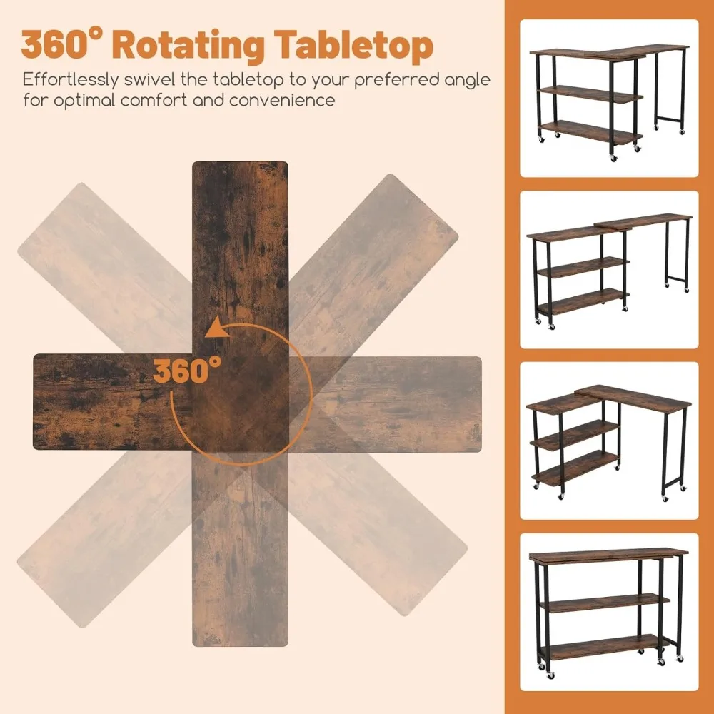 360° Rotating Sofa Side Table, Mobile End Table Couch Side Table with 2-Tier Storage Shelves, Swivel Rolling Desk w/Metal Frame