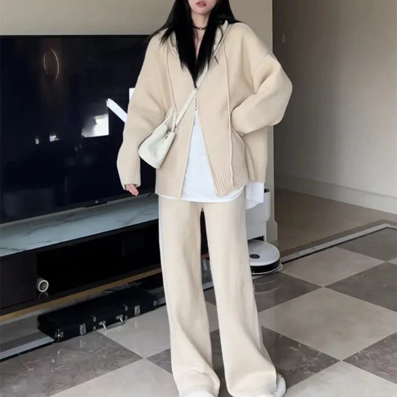 Nomikuma Causal Korean Knitted Two Pieces Autumn Winter Sets Solid Hooded Sweater Coat + High Waist Wide Leg Long Pants 2023