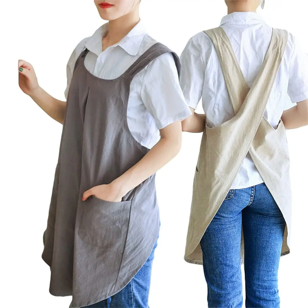 Robe tablier confortable en lin à dos croisé pour femme – Tablier de cuisine en coton durable avec poches – Ajustable, élégant, idéal pour la cuisine, la pâtisserie, le jardinage, le nettoyage – Maison, barbecue, loisirs créatifs