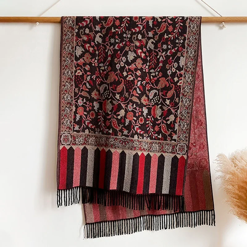 65 * 200 cm ethnische Hijabs, weiche Schals, bedruckt, floral, dick, warm, Winter, kerngesponnenes Garn, Fransen, Kaschmir, warmer Schal