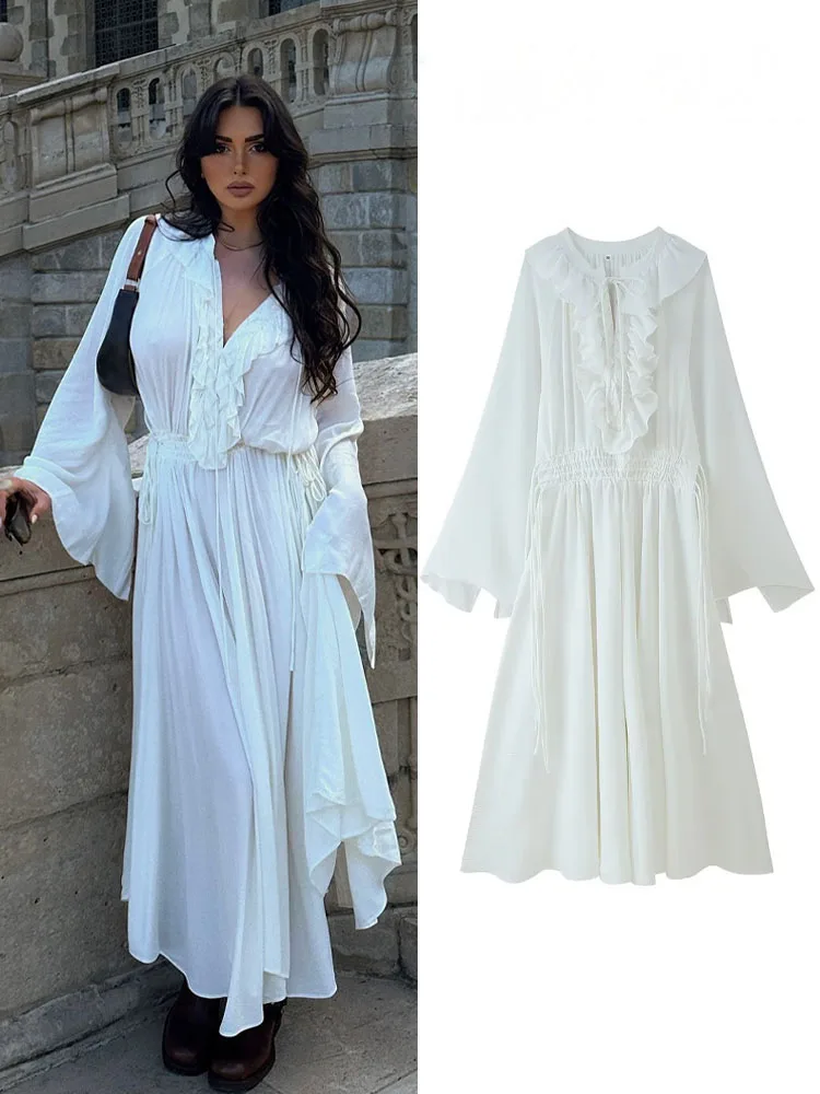HH Zomer Mode Vrouwen Jurken Witte V-hals Lange Mouwen Volants Rand Lace-Up Decoratie Vrouwelijke Strand Stijl Lange Jurk